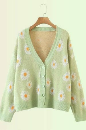 Y2K Floral Knit Daisy Cardigan - Streetwear Long Sleeve V-Neck Sweater