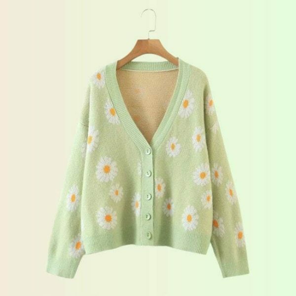 Y2K Floral Knit Daisy Cardigan - Streetwear Long Sleeve V-Neck Sweater