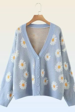 Y2K Floral Knit Daisy Cardigan - Streetwear Long Sleeve V-Neck Sweater