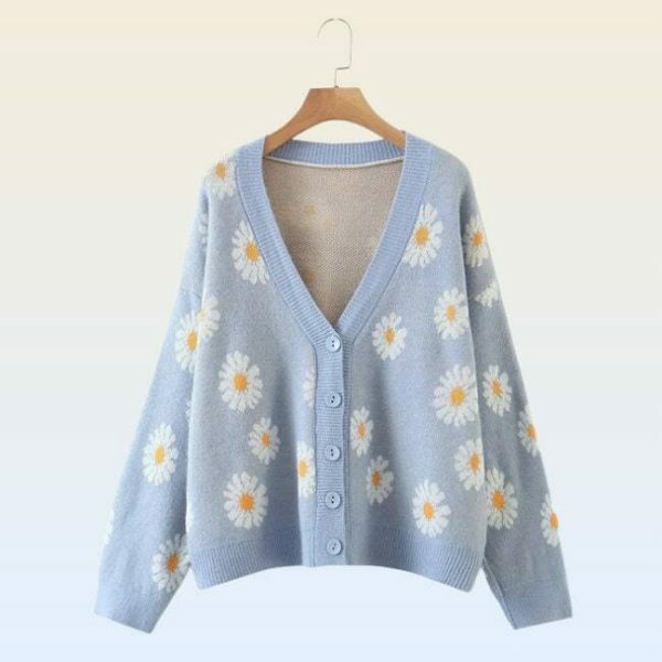 Y2K Floral Knit Daisy Cardigan - Streetwear Long Sleeve V-Neck Sweater