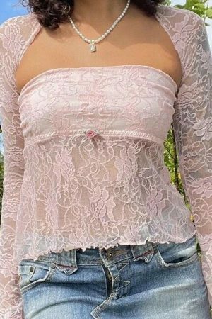 Y2K Floral Lace Mesh Shrug and Strapless Tube Top Set