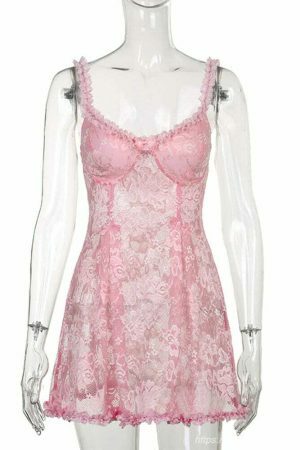 Y2K Floral Lace Pink Lolita Mini Dress - Kawaii Streetwear Aesthetic