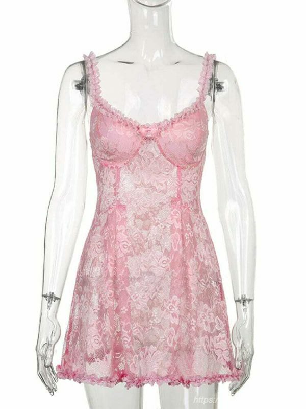 Y2K Floral Lace Pink Lolita Mini Dress - Kawaii Streetwear Aesthetic