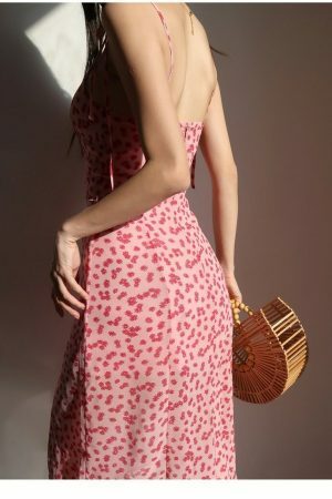 Y2K Floral Midi Dress with Pink and Red Aesthetic