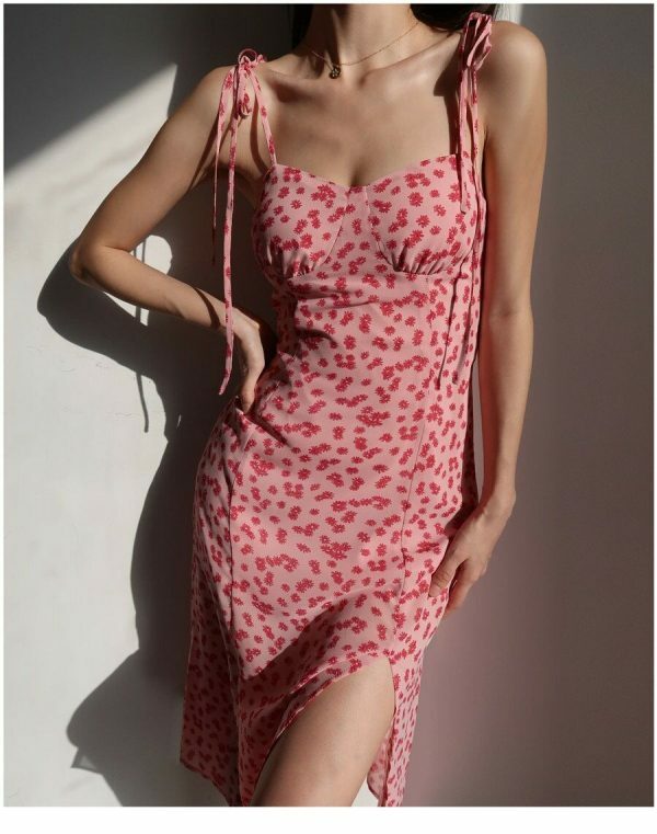 Y2K Floral Midi Dress with Pink and Red Aesthetic