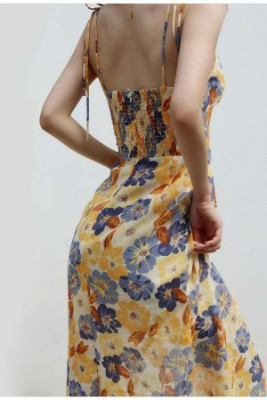 Y2K Floral Midi Dress with Side Split - Streetwear Fashion Aesthetic