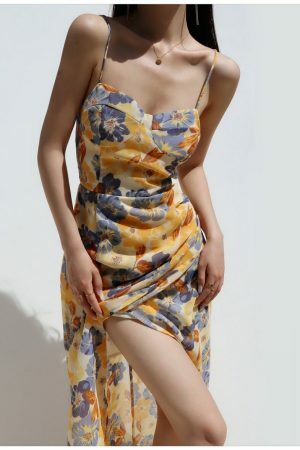 Y2K Floral Midi Dress with Side Split - Streetwear Fashion Aesthetic