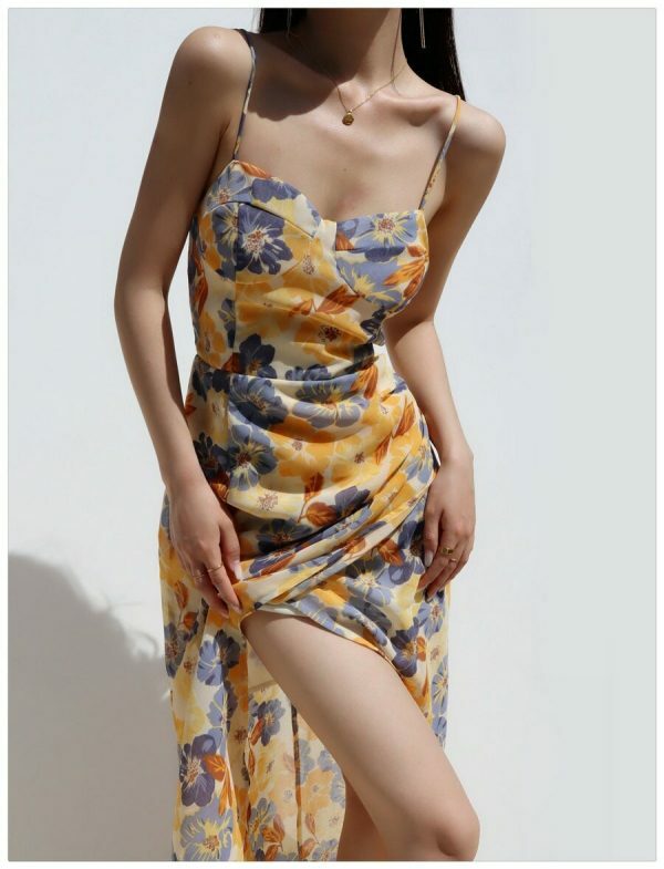 Y2K Floral Midi Dress with Side Split - Streetwear Fashion Aesthetic