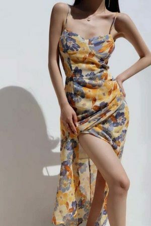 Y2K Floral Midi Dress with Side Split - Streetwear Fashion Aesthetic