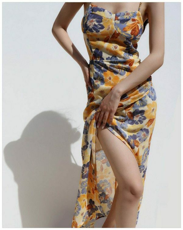 Y2K Floral Midi Dress with Side Split - Streetwear Fashion Aesthetic