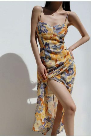 Y2K Floral Midi Dress with Side Split - Streetwear Fashion Aesthetic