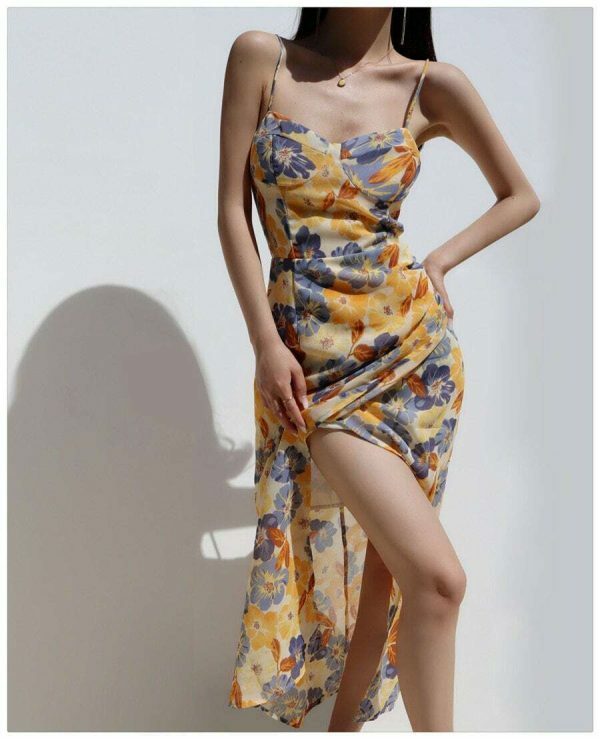 Y2K Floral Midi Dress with Side Split - Streetwear Fashion Aesthetic