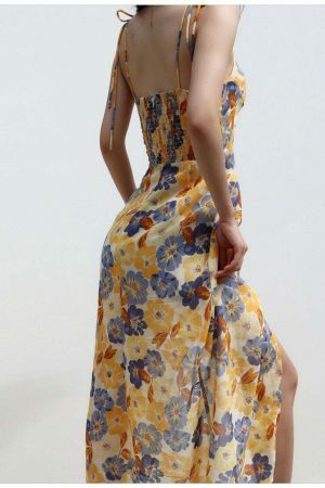 Y2K Floral Midi Dress with Side Split - Streetwear Fashion Aesthetic