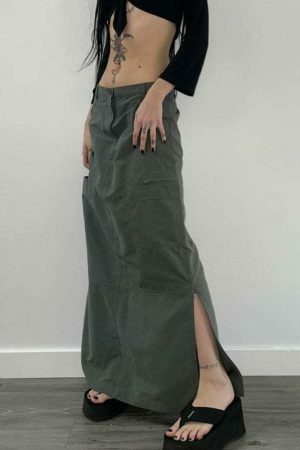 Y2K Floral Midi Skirt with Slit - Ankle-Length Streetwear Aesthetic