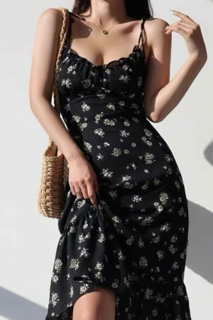 Y2K Floral Midi Strap Dress | Korean French Retro Streetwear