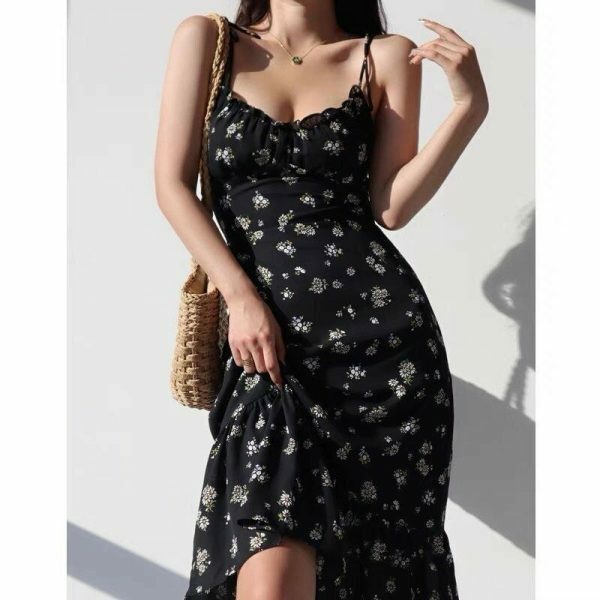 Y2K Floral Midi Strap Dress | Korean French Retro Streetwear