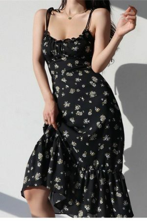 Y2K Floral Midi Strap Dress | Korean French Retro Streetwear