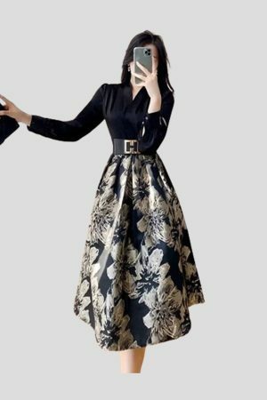 Y2K Floral Patchwork Midi Dress for Women