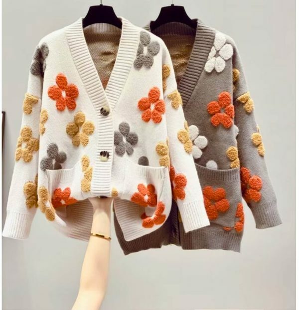 Y2K Floral Pattern V-Neck Cardigan