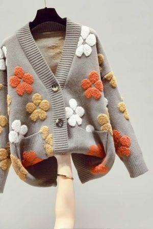 Y2K Floral Pattern V-Neck Cardigan