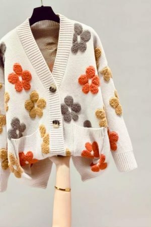 Y2K Floral Pattern V-Neck Cardigan