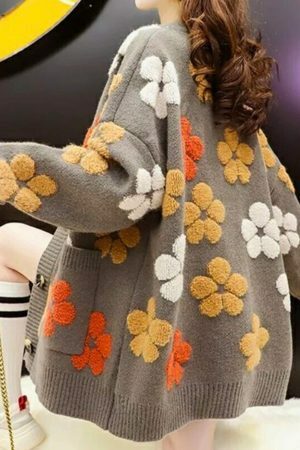 Y2K Floral Pattern V-Neck Cardigan