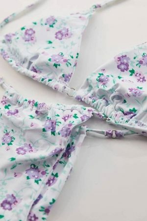 Y2K Floral Print Cheeky Bikini Bottoms in Lavender Purple