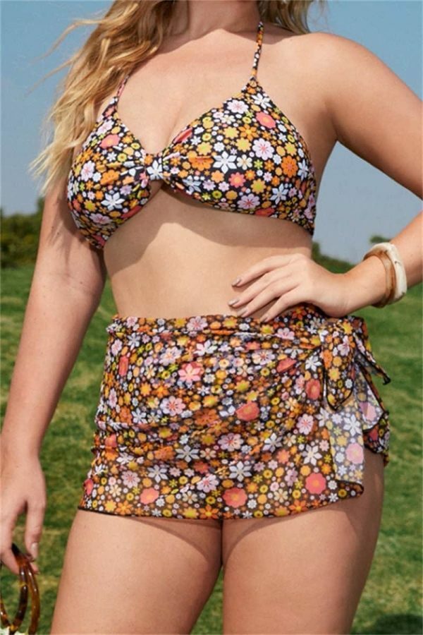 Y2K Floral Print High Waist Bikini Bottom with Skirt