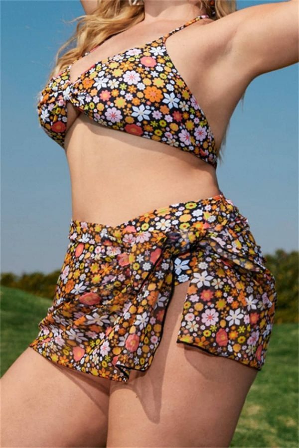 Y2K Floral Print High Waist Bikini Bottom with Skirt