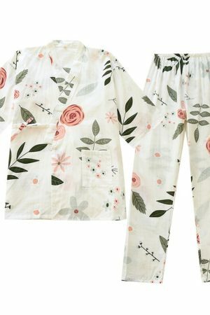 Y2K Floral Print Kimono Pajama Set for Women, Streetwear Two-Piece Lounge Wear