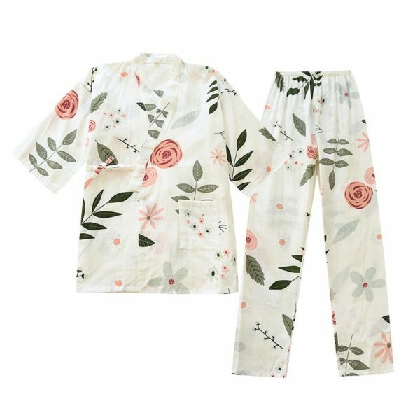 Y2K Floral Print Kimono Pajama Set for Women, Streetwear Two-Piece Lounge Wear