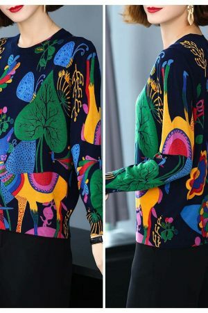 Y2K Floral Print Knit Pullover Sweater - Trendy Streetwear Top