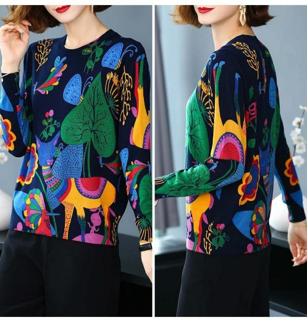 Y2K Floral Print Knit Pullover Sweater - Trendy Streetwear Top