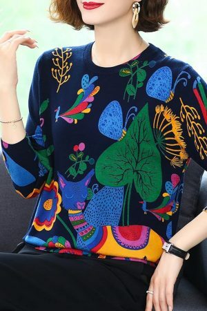 Y2K Floral Print Knit Pullover Sweater - Trendy Streetwear Top