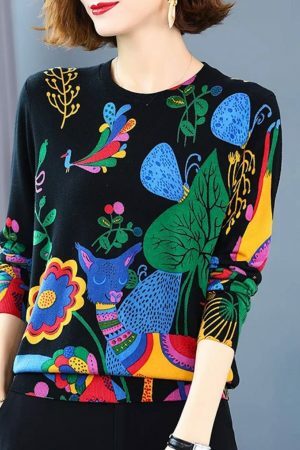 Y2K Floral Print Knit Pullover Sweater - Trendy Streetwear Top