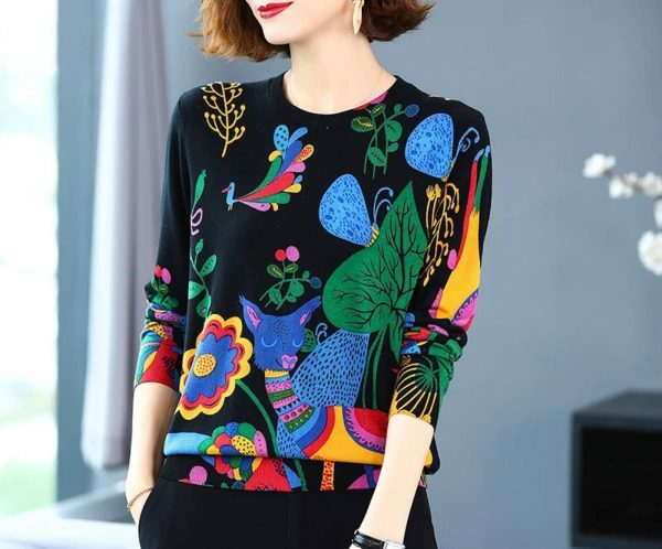 Y2K Floral Print Knit Pullover Sweater - Trendy Streetwear Top