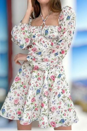 Y2K Floral Print Lantern Sleeve A-Line Mini Dress