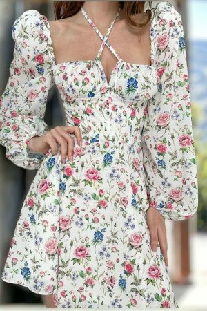 Y2K Floral Print Lantern Sleeve A-Line Mini Dress