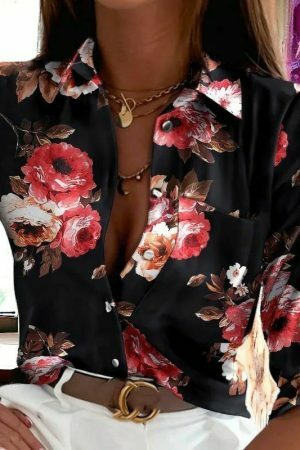 Y2K Floral Print Long Sleeve Button-Up Blouse with Pocket Detail