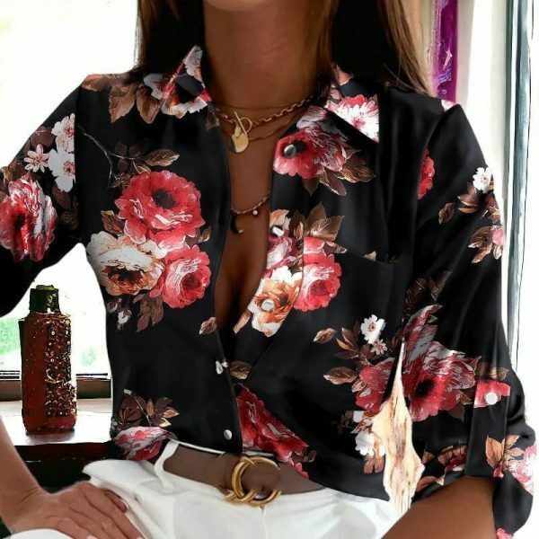 Y2K Floral Print Long Sleeve Button-Up Blouse with Pocket Detail