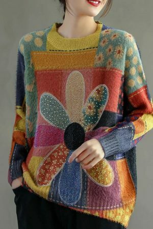 Y2K Floral Print Oversize Jumper Sweater for Women