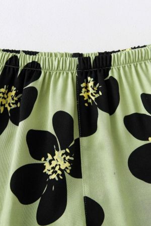 Y2K Floral Print Short Pajama Set in Green for Women