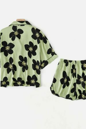 Y2K Floral Print Short Pajama Set in Green for Women