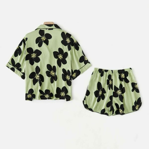 Y2K Floral Print Short Pajama Set in Green for Women