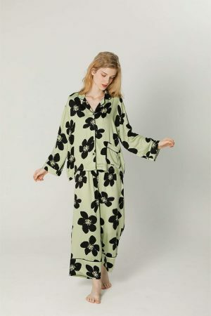 Y2K Floral Print Short Pajama Set in Green for Women