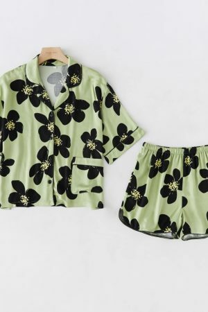 Y2K Floral Print Short Pajama Set in Green for Women