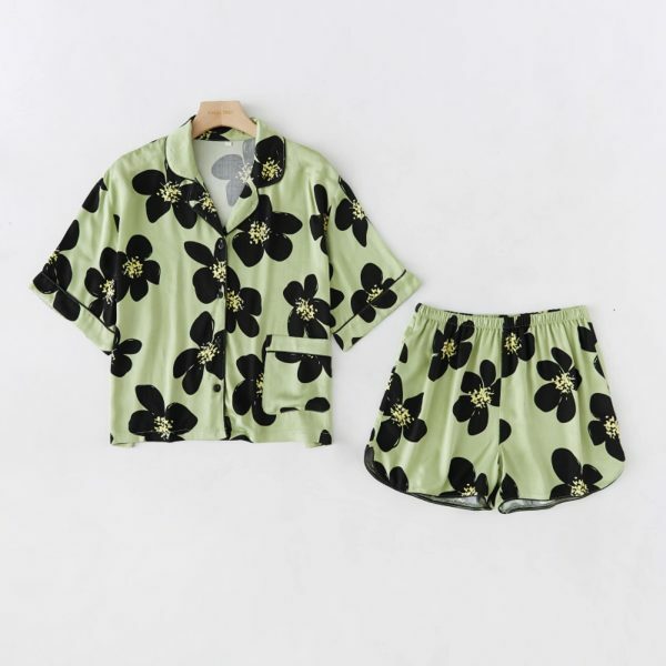 Y2K Floral Print Short Pajama Set in Green for Women