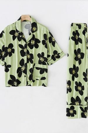 Y2K Floral Print Short Pajama Set in Green for Women