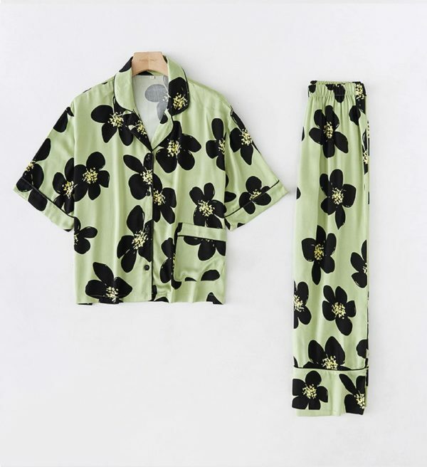 Y2K Floral Print Short Pajama Set in Green for Women