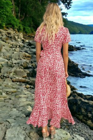 Y2K Floral Print Short Sleeve Midi Sun Dress for Women